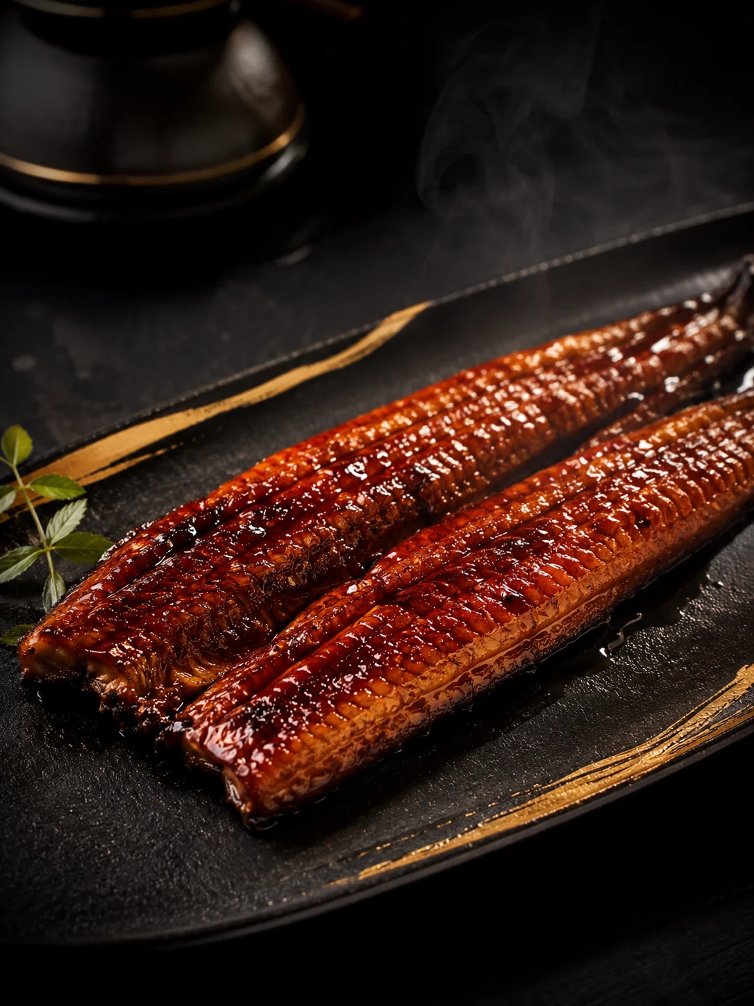 黒金の器に盛られた艶やかな蒲焼。深い照りと香ばしい焼き目が際立つ一皿